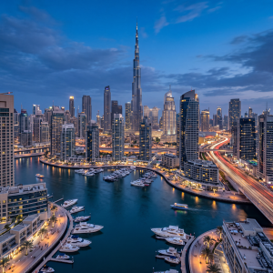 Dubai skyline, shows Burj Khalifa, Real Estate